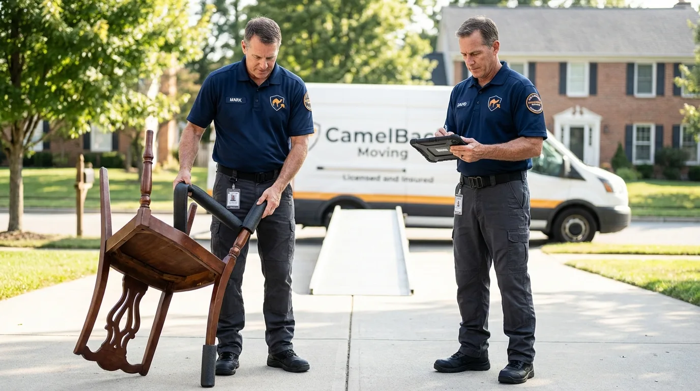 Movers inspecting furniture for damage prevention before loading in Manchester, KY