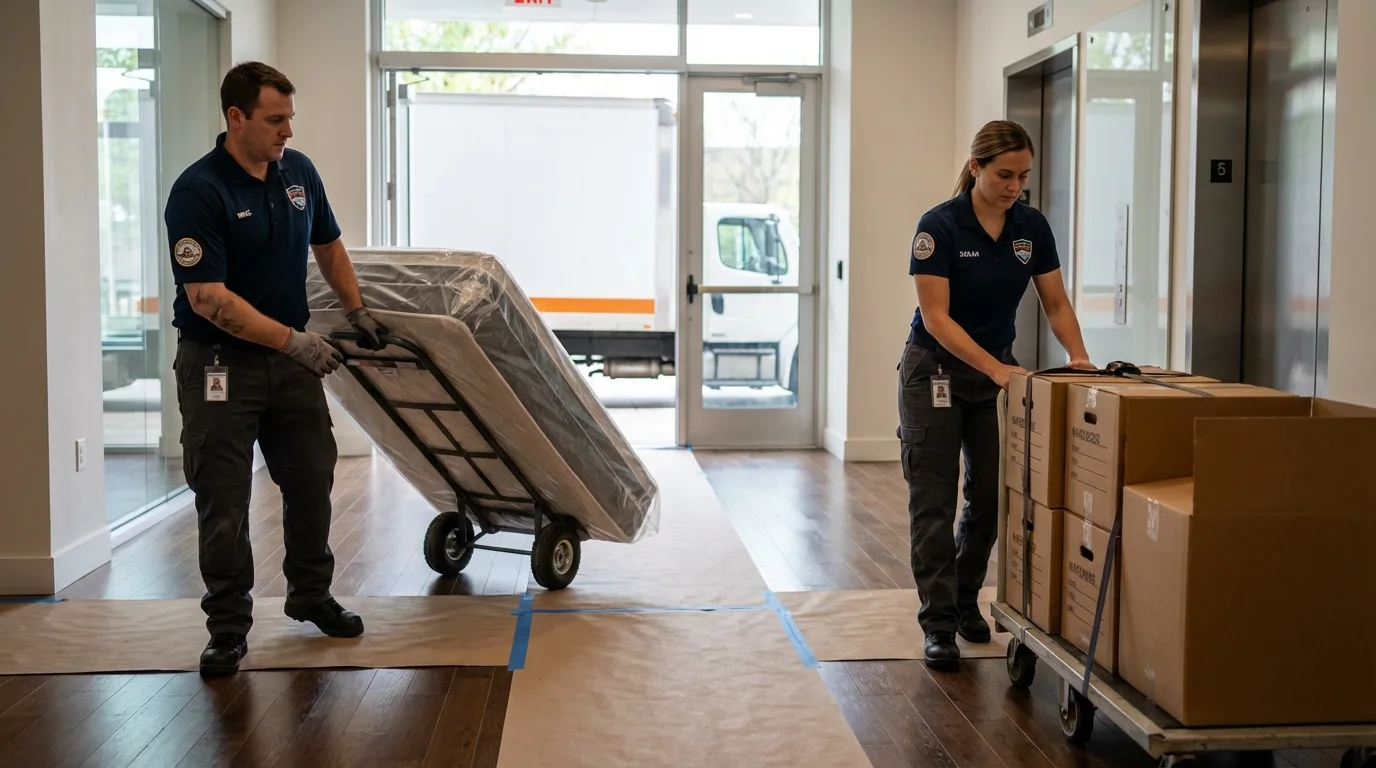 Professional apartment movers loading elevator in Manchester, KY